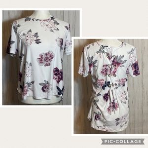 Floral Lace Up Back Short Sleeve Top